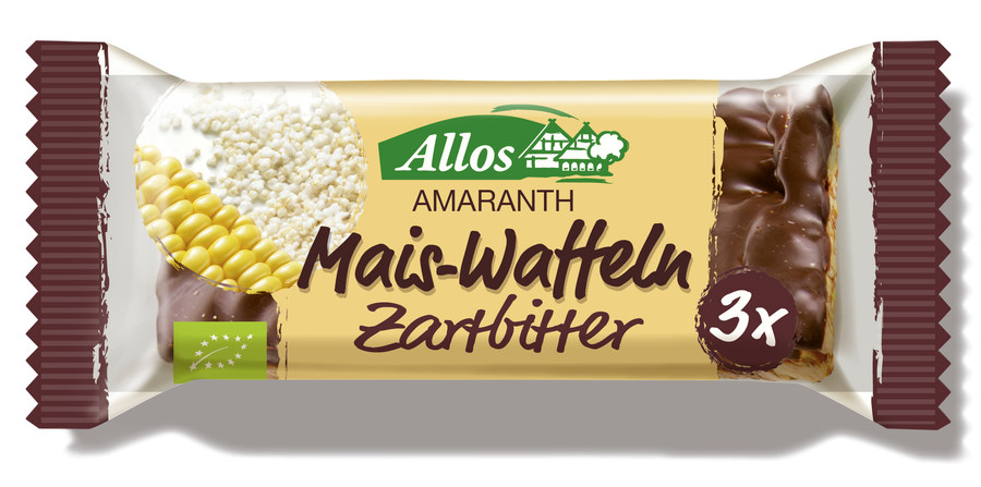 Bio-Amaranth-Mais-Waffel-Zartbitter-Allos Bio Amaranth Mais-Waffel Zartbitter Riegel